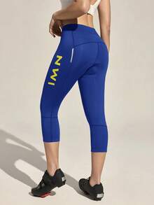 In My Nature Women's Slim Fit Printed High Waist Bicycle Sports Pants - Blue - View 3