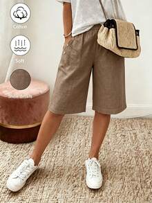Balvessa Cotton Linen Loose Straight 5-Minute Pants, Elastic Waist Side Button Design, Casual Relaxed Wide Leg Bermuda Shorts - Khaki - View 1