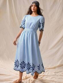 Nubod Women's Plus Size Blue Striped Long Dress, Round Neck, Half Sleeve, Placed Print, Cinched Waist, Large A-Line, Ruffle Hem, Exquisite Elegant, Suitable For Bestie Party, Afternoon Tea, Commute, Street, Daily Casual, Beach, Seaside Vacation, Blue Women's Plus Size Long Dress - Multicolor - View 4