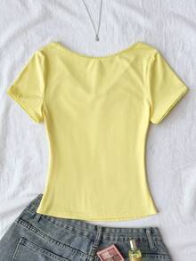 Tween Girls Tween Girl Cream Yellow Patchwork Ruffle V-Neck Fitted Short Sleeve T-Shirt - Yellow - View 2