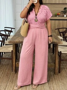 Weeklong Plus Size Women's Spring/Summer Lace Patchwork Nude Base Layer Long Sleeve Cinched Waist Casual Vacation Jumpsuit - Pink - View 6