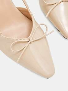 CUCCOO CURVES Women's Nude Patent Leather Pointed Toe Bow Knot Slingback Block Heel Pumps - Apricot - View 6