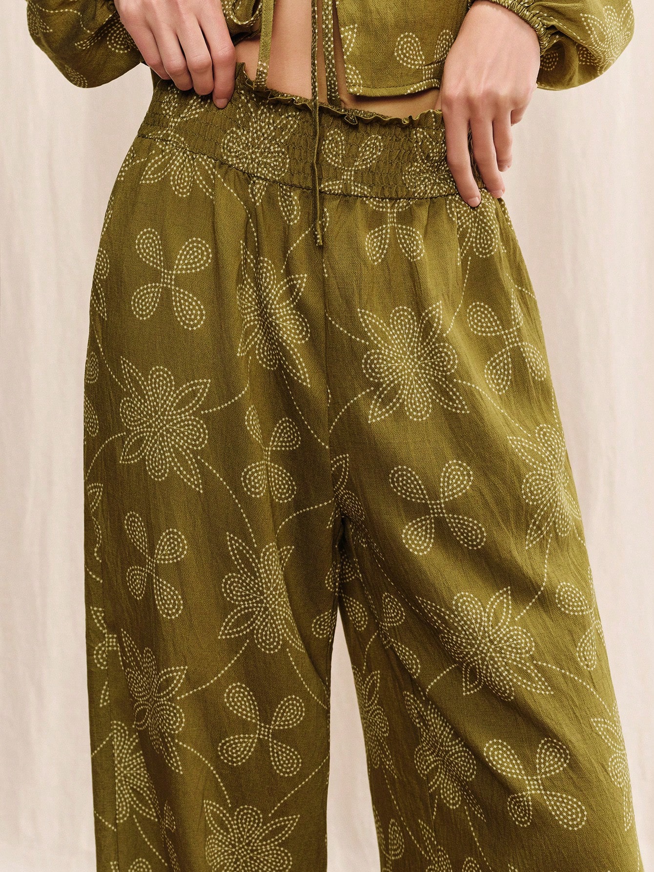 Khaki Green Floral High Waist Wide-Leg Fluid Pants Summer Holiday Casual Resort Pants