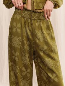 lacRébo Khaki Green Floral High Waist Wide-Leg Fluid Pants Summer Holiday Casual Resort Pants - Green - View 3