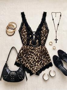 Spicy Aura Leopard Print Cami Lace Patchwork Backless Romper Lingerie - Multicolor - View 2