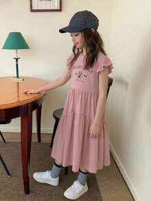 Dazy Kids 少女字母印花百褶休閒度假旅行連身裙 夏季 - 粉色 - 查看 5