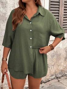 SHEIN Tall CURVE 夏季纯色宽松休闲短袖 Polo 衫套装，带口袋和抽绳短裤，大码 - 軍綠色 - 查看 3