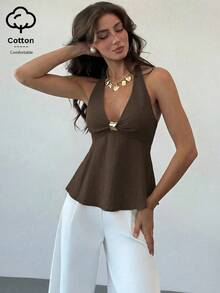 Aloruh Áo kiểu nữ dáng chữ A eo chiết, vải linen, trang trí kim loại, mùa xuân/hè - Màu Tím - Xem 3