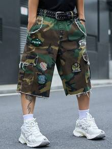PAVTROS Men's Casual Streetwear Multi-Pocket Distressed Frayed Hem Camouflage Denim Shorts - Army Green - View 7