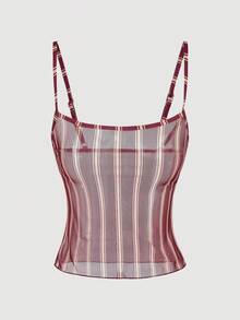 SHEIN MOD 女款夏季海灘派對條紋細肩帶綁帶性感比基尼兩件式泳衣套裝，附外罩衫背心上衣，黃色 - 紅白色 - 查看 10