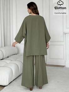 Solavon Women's Loose Fit Cotton Two Pieces Outfit Comfortable Wide Leg Pants And Tunic Top Modest Set - Army Green - View 4