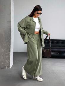 SHEIN ICON Plus Size Women Drop Shoulder Long Sleeve Single Breasted Casual Loose Denim Jacket - Army Green - View 6