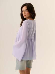 Willow Rêve Waist Pleated Flowy Long Purple Chiffon V-Neck Long Sleeve Blouse For Women - Dusty Purple - View 3