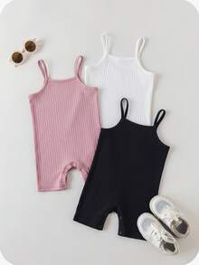 SHEIN Baby Girl Summer Cute Modest Simple Solid Color Elastic Camisole Romper 3pcs Set 1st Birthday Black Baby Pink White - Multicolor - View 2