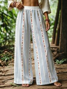 Zayélia Women's Casual Boho Loose Fit Drawstring Hem Wide Leg Pants, Versatile For Autumn Outings Beach Blue White Striped - Blue - View 4