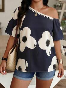 Weeklong Apricot Base Blue Floral Print Asymmetric Neck Short Sleeve Spring Summer Vacation Plus Size Blouse - Multicolor - View 4