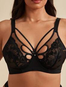 SHEIN BAE 1pc Plus Size Lace Contrast Mesh Underwire Bra - Black - View 1
