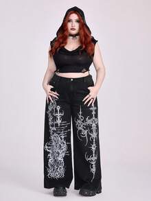 ROMWE Grunge Punk Celana Jeans Wanita Ukuran Besar Model Lurus Ekstra Panjang Motif Punk dengan Duri dan Salib Bunda Maria, Cetakan Inggris. - Hitam - View 2
