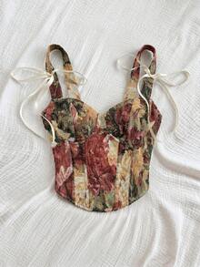 Soleia Women's Summer Vintage Floral Print Bow Decor Bustier Detail Tank Top - Multicolor - View 7
