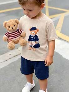 SHEIN 2pcs/Set Young Boys' Casual Comfortable Versatile Striped Ribbon Contrast Color Round Neck Short Sleeve T-Shirt And Solid Color Shorts Set - Multicolor - View 3