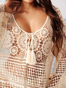 Breezaya Women's Handmade Crochet Hollow Knit Fabric Loose Mid-Length Cover-Up Dress Deep V-Neck Flare Sleeve Design Bohemian Sexy Vacation Style Golf White - Apricot - View 2