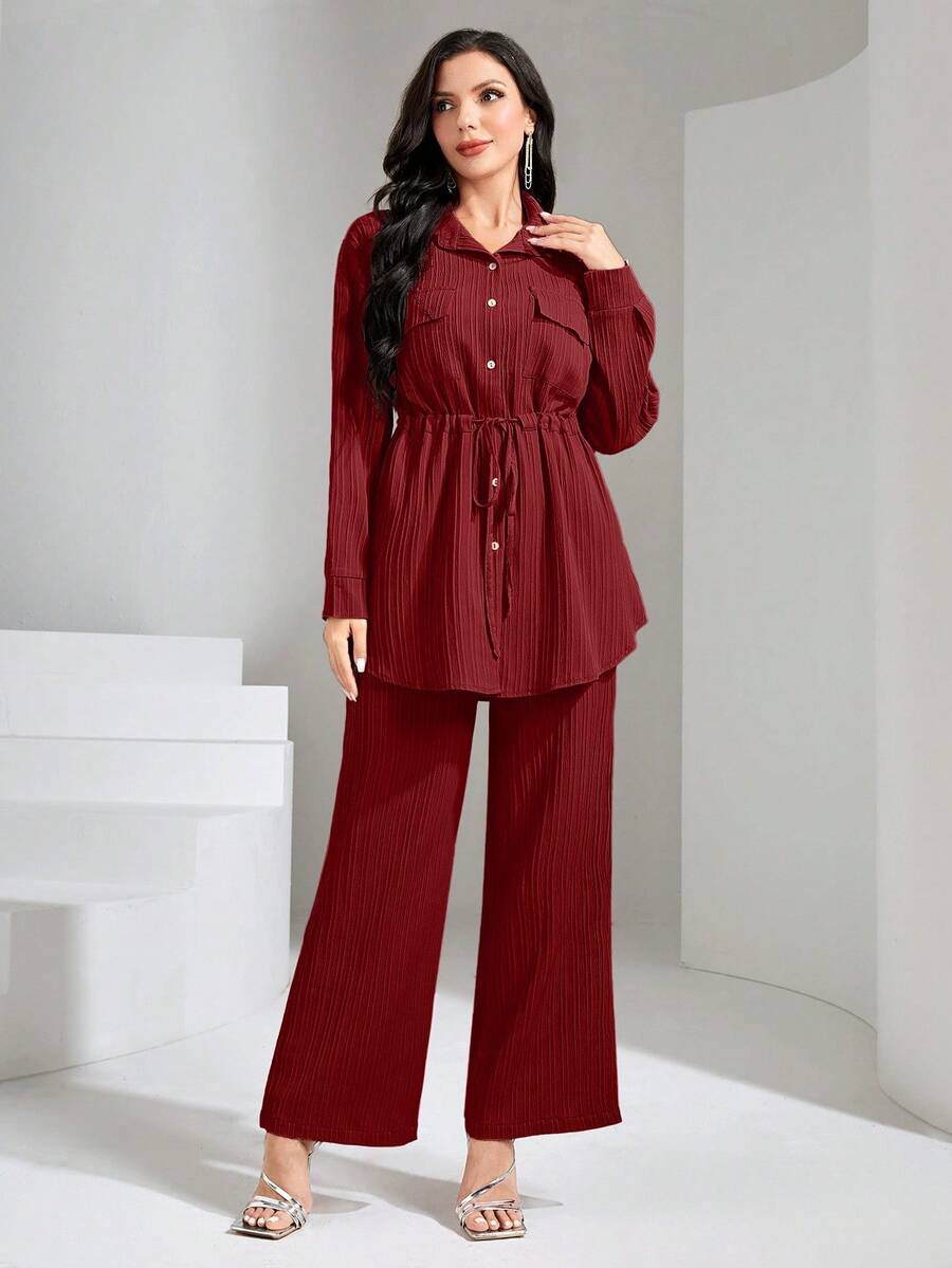 Graceveil Flap Pocket Drawstring Waist Shirt & Wide Leg Pants 2 Pieces Set Modest - Burgundy - View 1