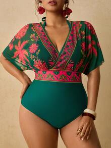 Travachic Plus Size Women's Floral Print 2 In 1 Swimsuit Bathing Suits For Women - Green - View 7