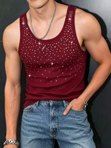 Manfinity Dauomo Men's Rhinestone Embellished Sleeveless Tank Top Mens Tank Top Tank Top For Men Rhinestone Tank Top Burgundy Tank Top Streetwear Sparkle Tank Top - Burgundy - View 5