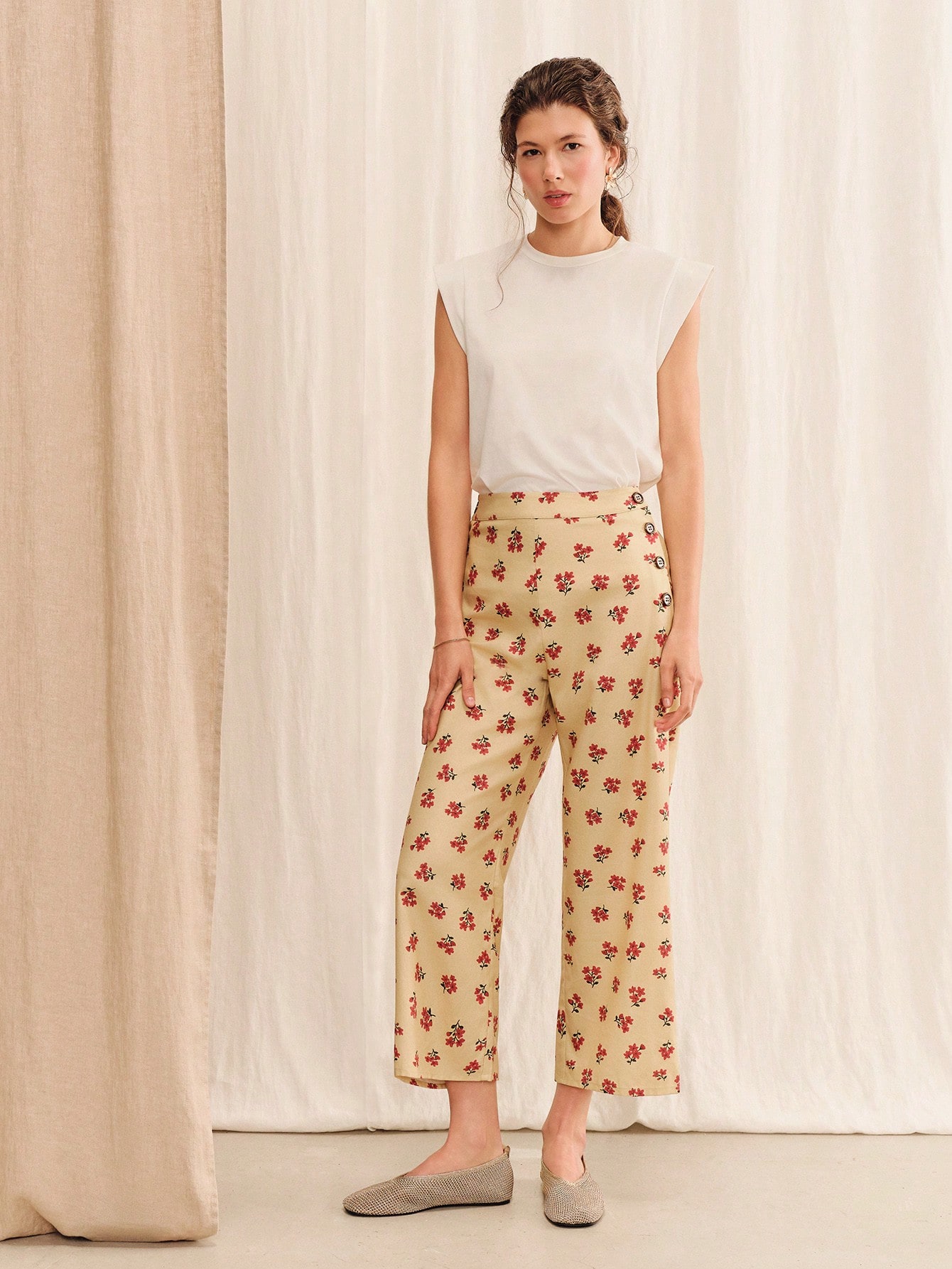 Chic Beige Vintage Floral High-Waisted Pants Cute Summer Holiday Casual French Style Office Vintage
