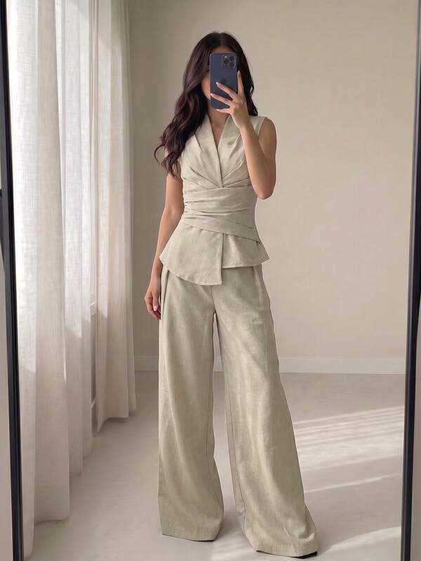 Modelyn Women's Spring/Summer Khaki Gathered Waist Sleeveless A-Line Elegant Commuter Vest And Straight Leg Trousers Suit Set Going Out Outfits