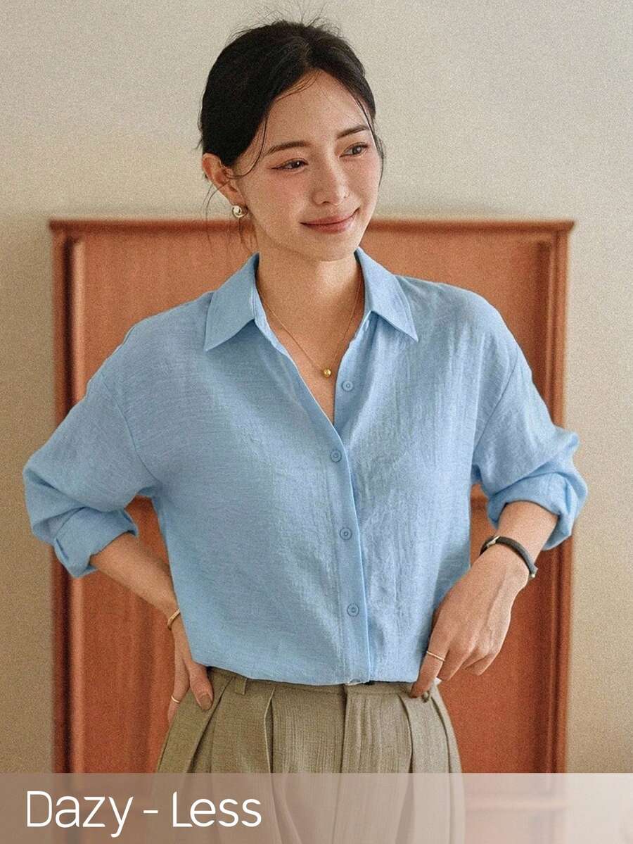 Dazy-Less Camisa casual de un solo pecho de unicolor, versátil, adecuada para primavera y verano para mujeres - Azul - Ver 1