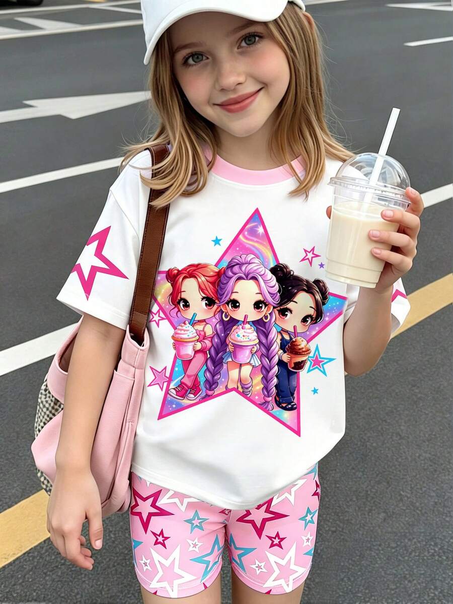 Girls' Casual Fashion Creative 3-Piece Cute Girl, Star Pattern Short Sleeve T-Shirt Set, Comfortable Daily Wear For Spring, Summer, Autumn - Multicolor - View 1