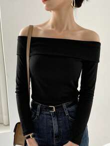 Livesso Autumn Loose Business Casual Elegant Minimalist Fashion Office Wear Holiday Street Style Off-Shoulder Long Sleeve Women's T-Shirt Date Night Black - Black - View 6