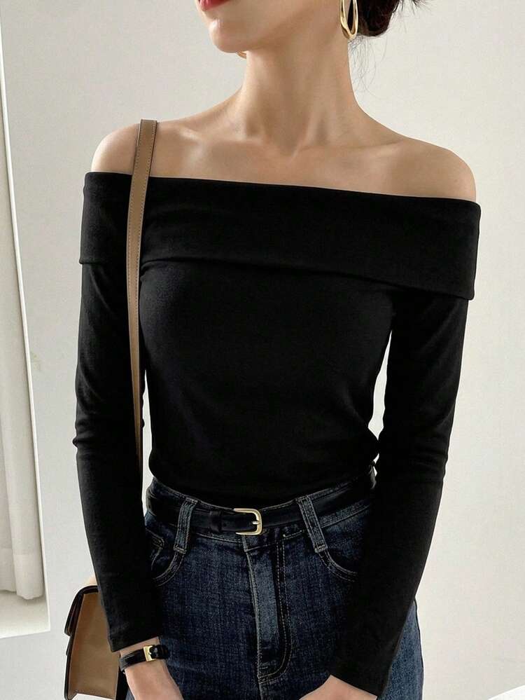 Spring Summer Loose Business Casual Style Fashion Office Wear Street Design Off-Shoulder Long Sleeve Women's T-Shirt