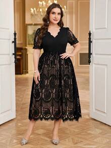 Reflora Plus Size Women's Solid Color Shell Lace Trim Eyelash Lace Short Sleeve Dress Wedding Black Summer Elegant - Black - View 4