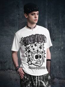 Vyqestra Men's Loose Letter & Cartoon Character Print Short Sleeve T-Shirt And Pants Set - Grey - View 4
