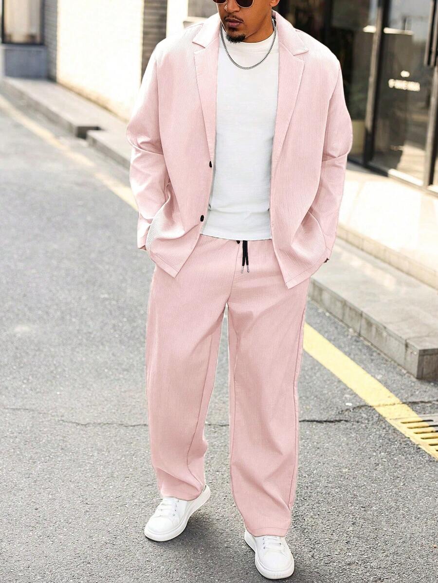 Manfinity CasualCool Plus Size Men's Solid Color Lapel NeckLong Sleeve Jacket And Pants Casual Suit - Pink - View 1