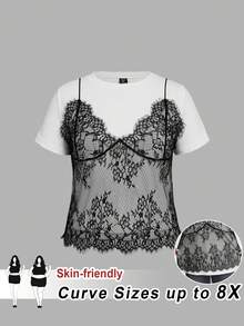 SHEIN CURVE+ Áo thun ngắn cổ tròn phối ren tương phản 2 trong 1 màu trắng size lớn, cho mùa hè - Đen và trắng - Xem 1