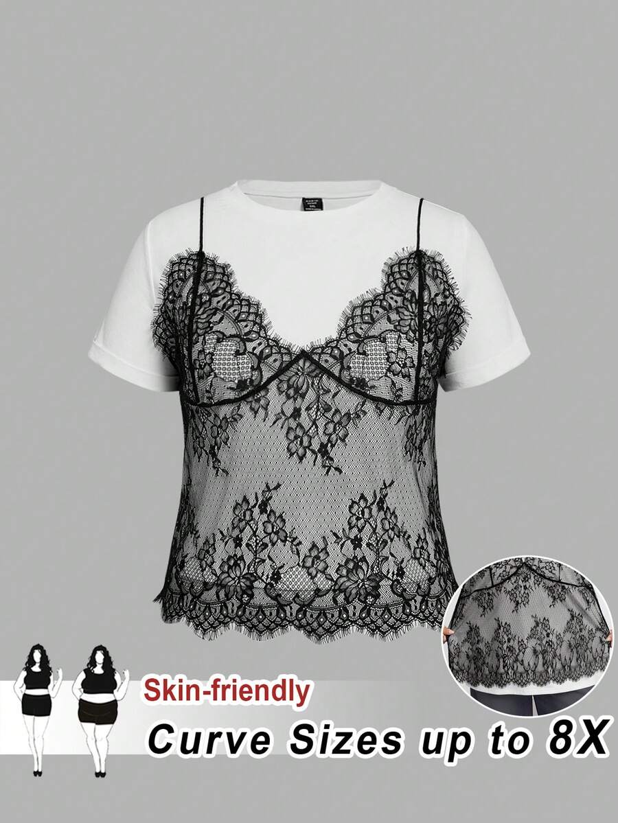 SHEIN CURVE+ Plus Size White 2 In 1 Lace Contrast Round Neck Short T-Shirt, For Summer - Black and White - View 1