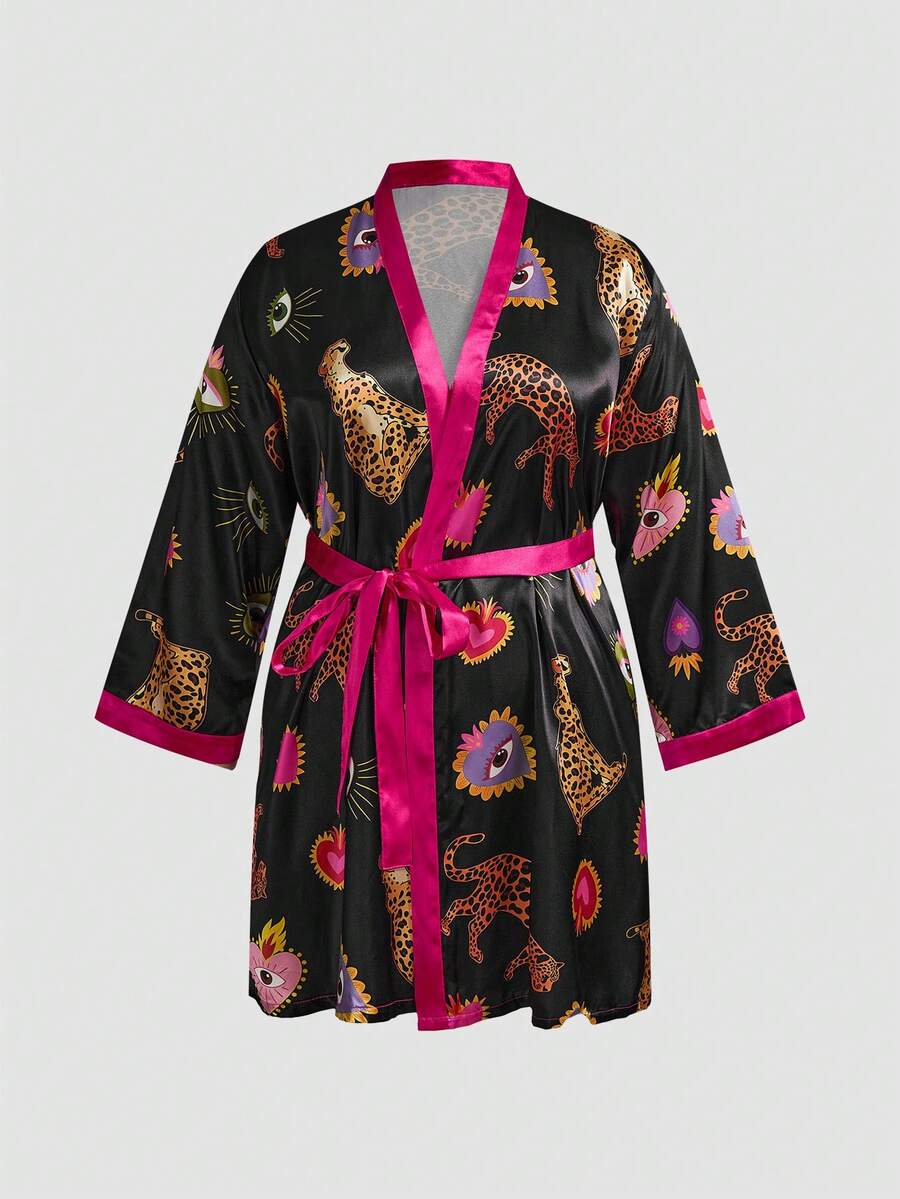 Chillnights Young Fashion Vibrant Heart Leopard Eye & Solid Color Print Satin Plus Size Women's Robe - Multicolor - View 1