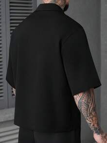 SLATEMANN 男士大尺碼純色鈕扣前襟寬鬆襯衫，儀式場合適用 - 黑色 - 查看 2