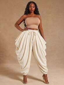 Radiana Plus Size Women's Solid Color Drawstring Waist Casual Harem Pants - Apricot - View 5