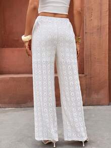 SHEIN Clasi Elegant Vacation Bohemian Textured Hollow Elastic Waist White Women's Long Pants - White - View 2