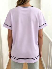 EMERY ROSE Sweet Striped Print T-Shirt,Black,Summer,Casual,School Wear For Spring Autumn,Cute Stylish Retro Comfortable Versatile Tee For Women - Hot Pink - View 2