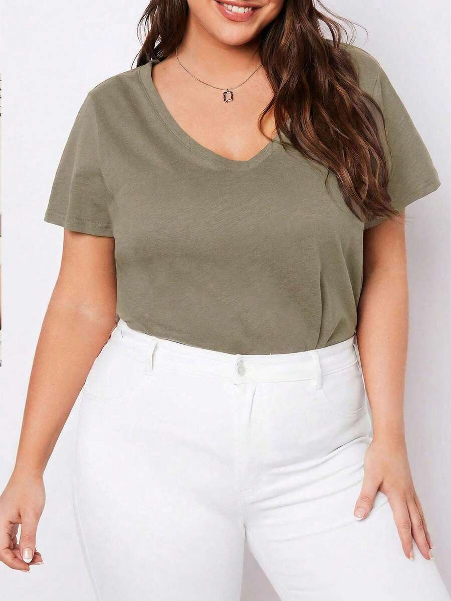 SHEIN BASICS 大码女式纯色简约日常V领短袖上衣 - 咖啡棕 - 查看 1
