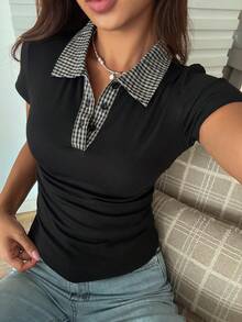DAZY Women's Colorblock Patchwork Fitted Polo Collar Plaid Patchwork Short Sleeve Casual Vacation Street Style T-Shirt Summer - Khaki - View 5