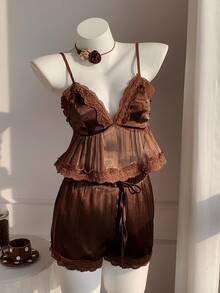 Comfortcana Women's Vintage Cute Solid Color Contrast Lace Camisole And Shorts 2-Piece Set, Casual Vacation Lounge Shades Of Brown Summer - Brown - View 2
