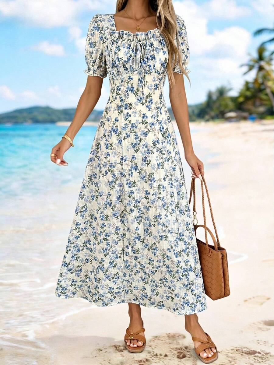 Sylviya 女款休閒熱帶波西米亞風夏季短袖印花度假洋裝套裝,海灘穿搭,白色與藍色花卉圖案 - 彩色 - 查看 1