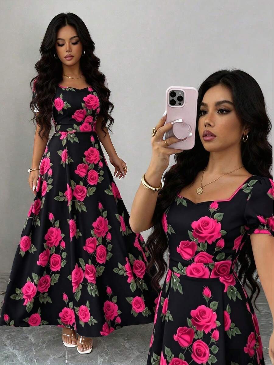 SHEIN Elenzya 女款花卉玫瑰圖案方領收腰A字版型泡泡袖優雅休閒度假通勤時尚情人節約會法式街頭復古百搭派對白色底紅玫瑰圖案早春/春夏短袖新款中長洋裝 - 彩色 - 查看 1