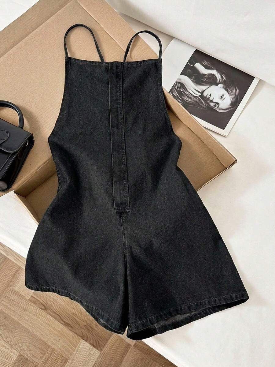 Comfortcana 女款夏季後腰綁帶時尚牛仔吊帶短褲,不含腰帶 - 黑色 - 查看 1